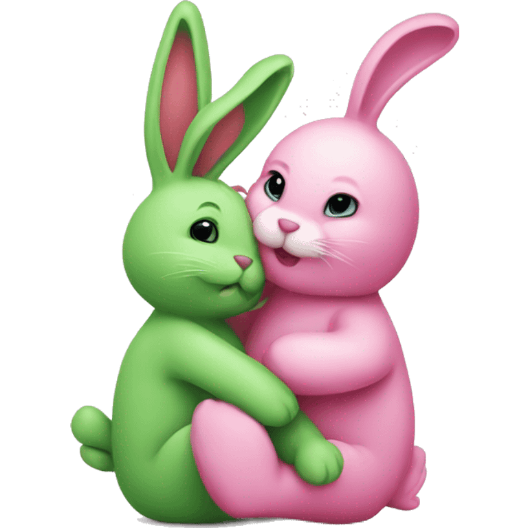 Green bunny hugging pink bunny emoji