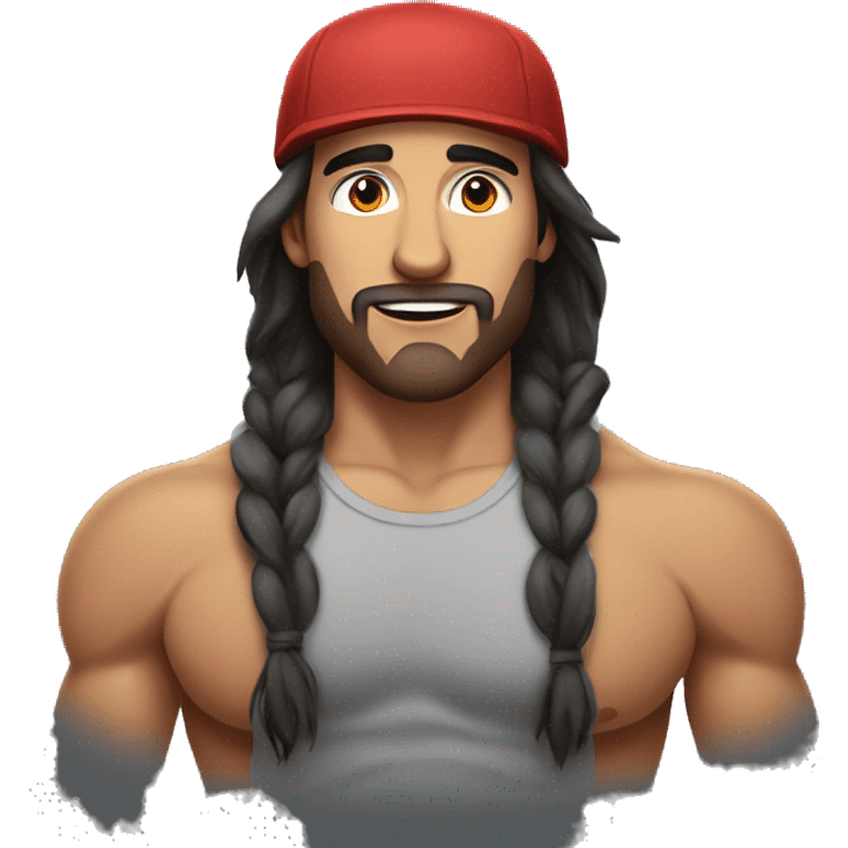 Alex Hormozi with long hair, a cap and a tank top, muscular emoji