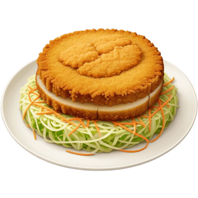 Cinematic Realistic Tonkatsu Dish Emoji, featuring a golden, breaded pork cutlet served with shredded cabbage rendered with rich textures and vibrant, dynamic lighting. emoji