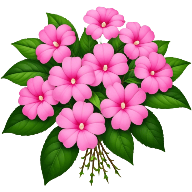 big bouquet pink Impatiens Balsamina flower, stem, leaf emoji