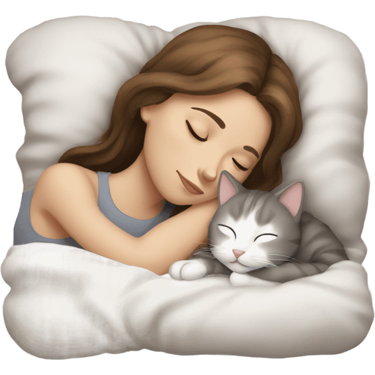 sleeping girl brown hair laying next to white and gray cat emoji