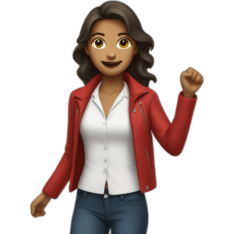 Young woman wearing a white shirt and a red jacket, arms up emoji