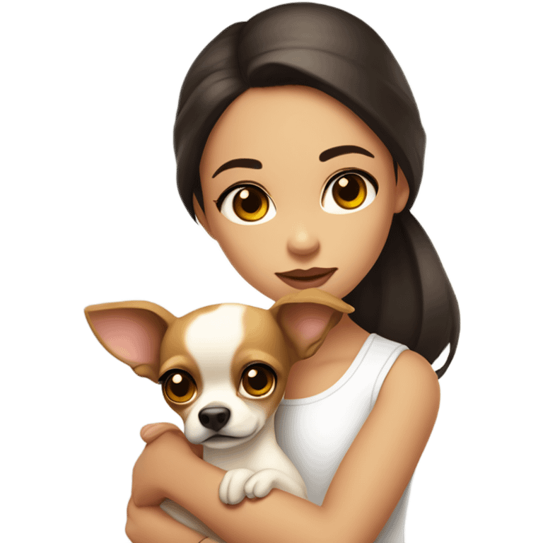 A girl with long, dark brown hair, big brown eyes, and very big lips. She is wearing a white singlet top and holding a small chihuahua in her arms that is a solid light yellow colour with no markings emoji