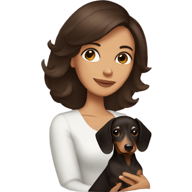 A woman with shoulder length dark brown hair holding a dachshund  emoji