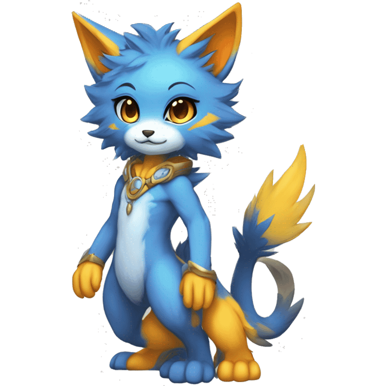 Anthro-Edgy-Cool-Blue-Yellow-Beige-Orange-Contrast-Colors-Fantasy-Fur-Sona-Chibi-Shiny-Fakémon-Hybrid full body emoji