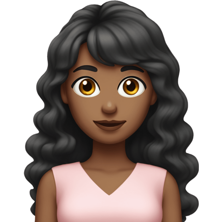 White woman with long black curly hair and bangs and dark brown eyes, wearing a pastel pink dress emoji