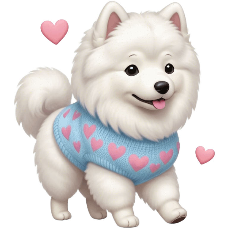 Samoyed in a pastel sweater with hearts is walking emoji