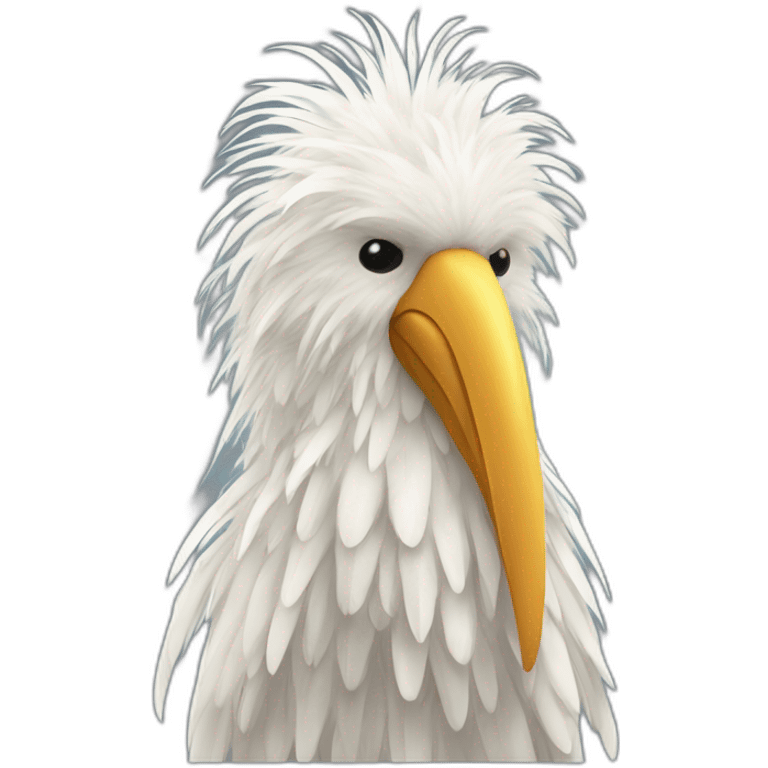  Very tall humanoid white shaggy bird with long feather-like fur and a very long beak emoji