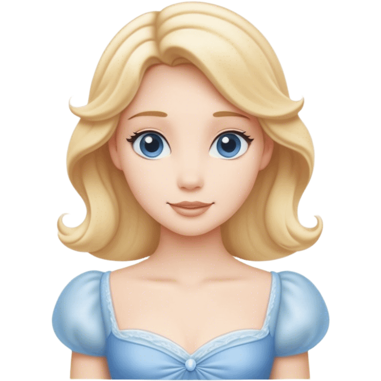 Cinematic Serene Cinderella Portrait Emoji, rendered in a realistic, vector-style with minimal shading. Depict a gentle Cinderella (chest and above) with porcelain skin, smooth blonde hair falling in soft waves, and calm, inviting eyes. Dressed in her modest daytime dress, she exudes quiet grace and pure enchantment, highlighted by a soft glowing outline. emoji