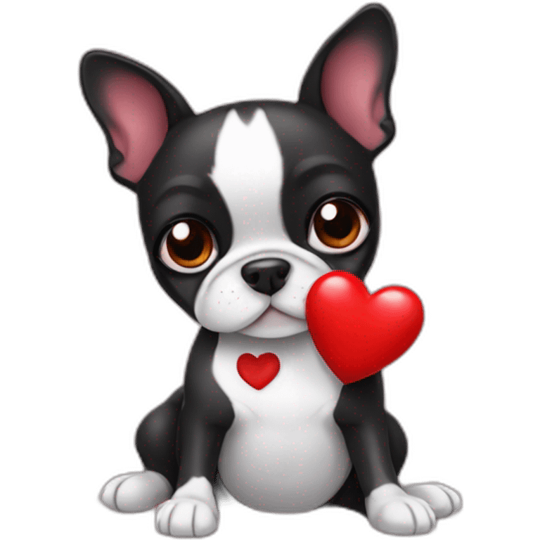 A Boston terrier hugging a red heart emoji