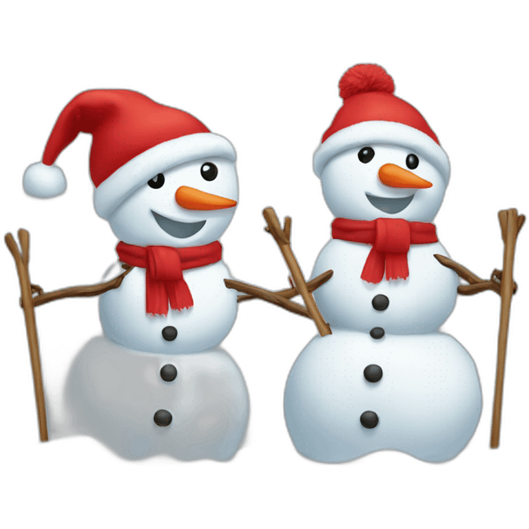 two snowmen in red hats skiing emoji