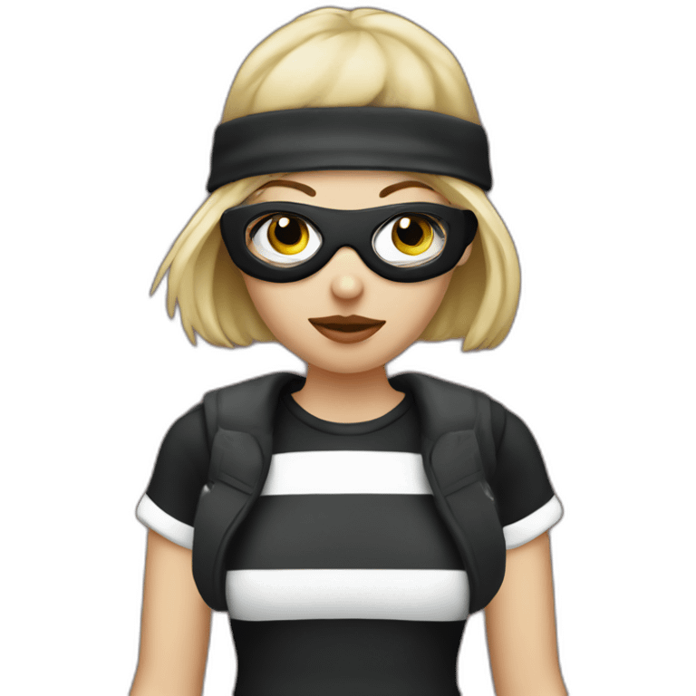 bank robber blonde woman with black beanie hat eye mask and striped shirt emoji