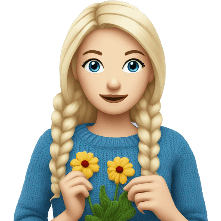 beautiful finnish blonde woman with blue eyes knitting flowers emoji