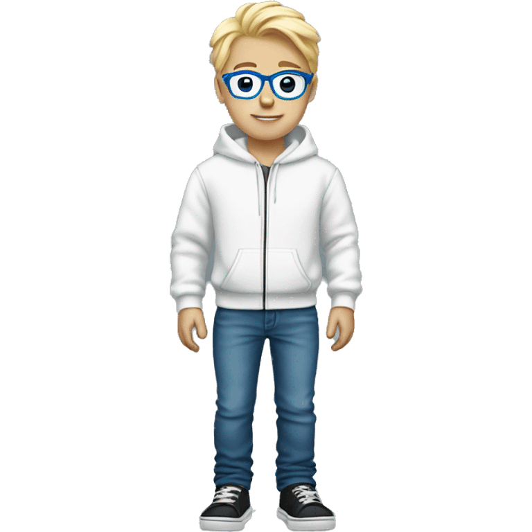 blonde boy with a white hoodie and black shoes and blue glasses and jeans emoji