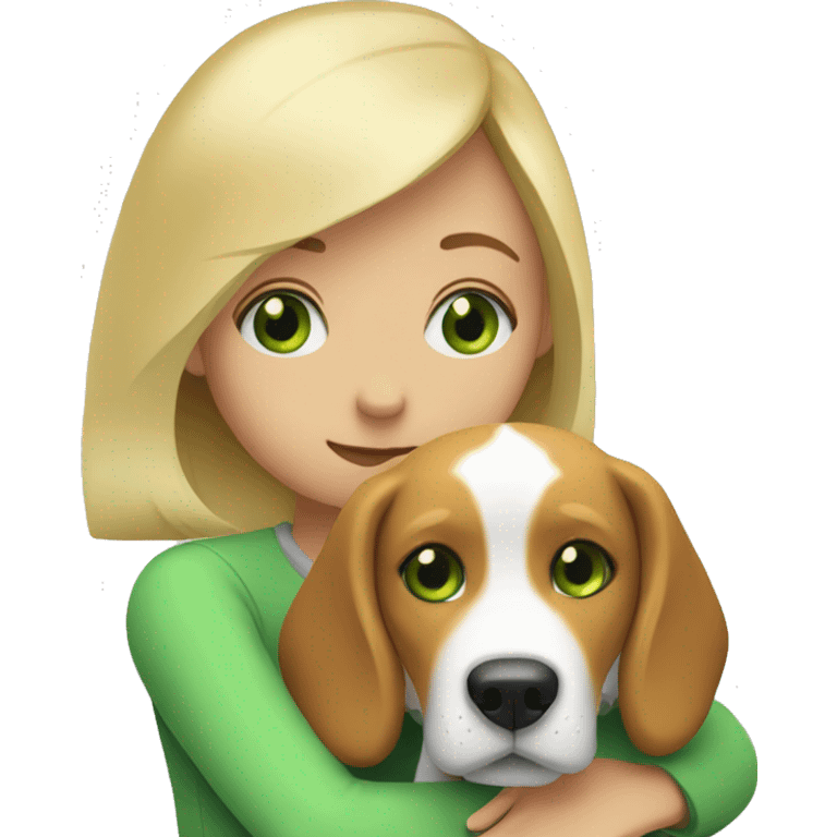 A blonde girl with green eyes hugs a beagle emoji