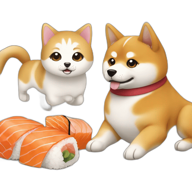 shiba inu and cat are best friends sushi emoji