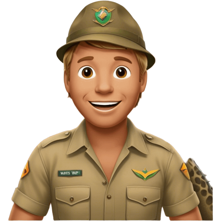 Cinematic Realistic Steve Irwin Portrait Emoji, depicted as a passionate wildlife expert in his signature khaki attire with an enthusiastic smile and a backdrop of the Australian outback, rendered with vibrant textures and dynamic natural lighting that captures his adventurous spirit. emoji