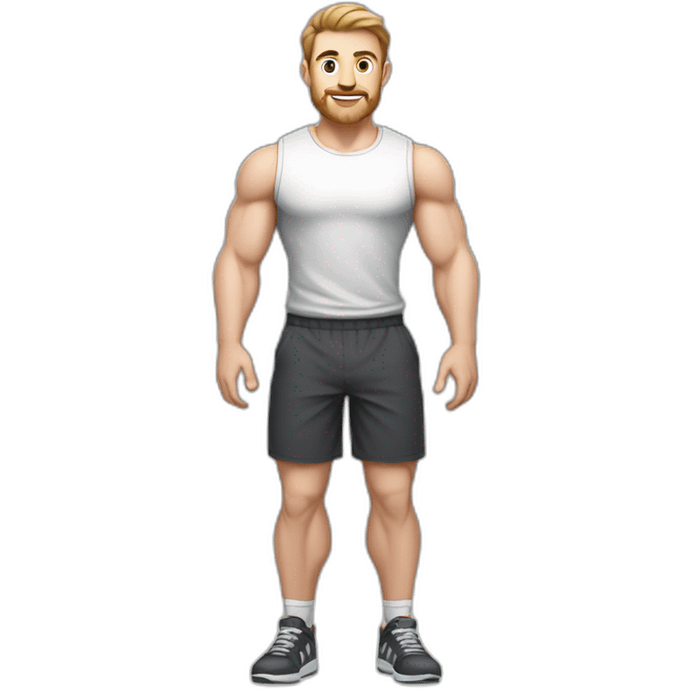 Full height Pale skinned fit man With biceps, Realistic eyes and mouth, light brown hair and stubble In dark gray sleeveless mike, black oversize sports shorts, watch and white sneakers. emoji