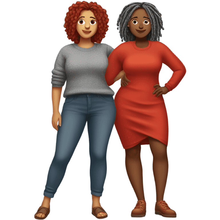 Curvy woman with gray locs wearing pants , other curvy woman is brown with red locs in a knee-length dress with a cozy sweater shopping emoji