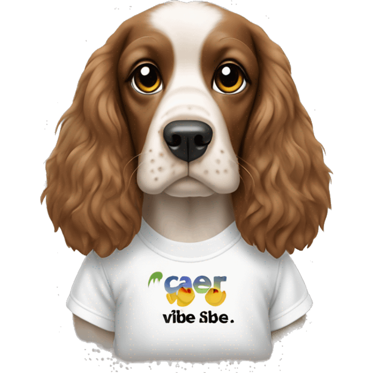 spaniel in a t-shirt with the inscription "clear vibe" emoji