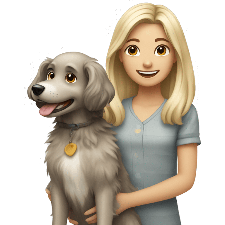 smiling girl in outdoor dress holding a scruffy dog with gray and blonde fur emoji