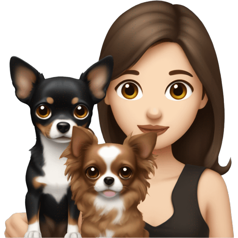 Pretty girl with long wavy brown hair, blue eyes, holding a black and brown short hair chihuahua emoji