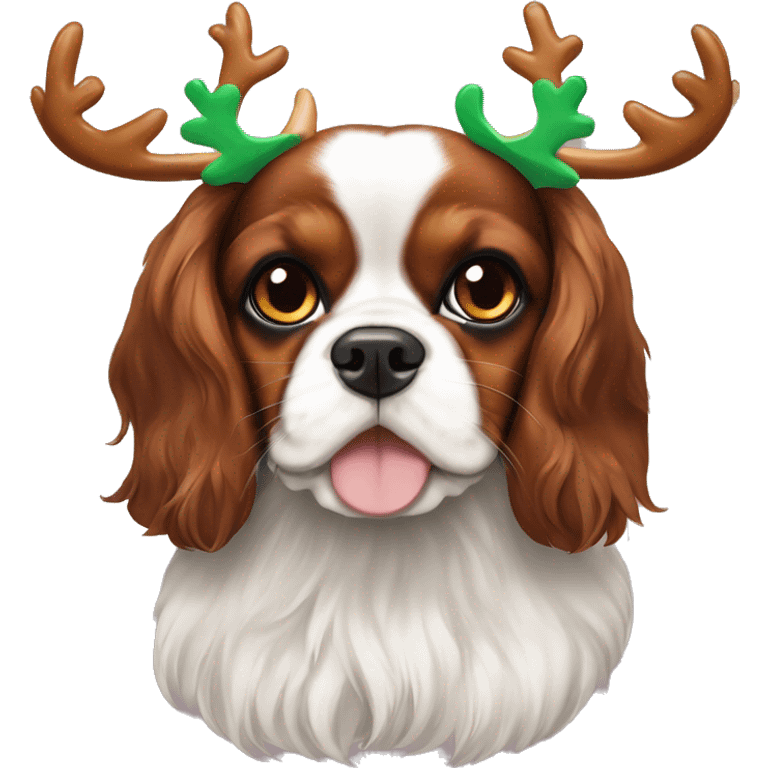 A tri colour cavalier King Charles spaniel wearing reindeer ears emoji