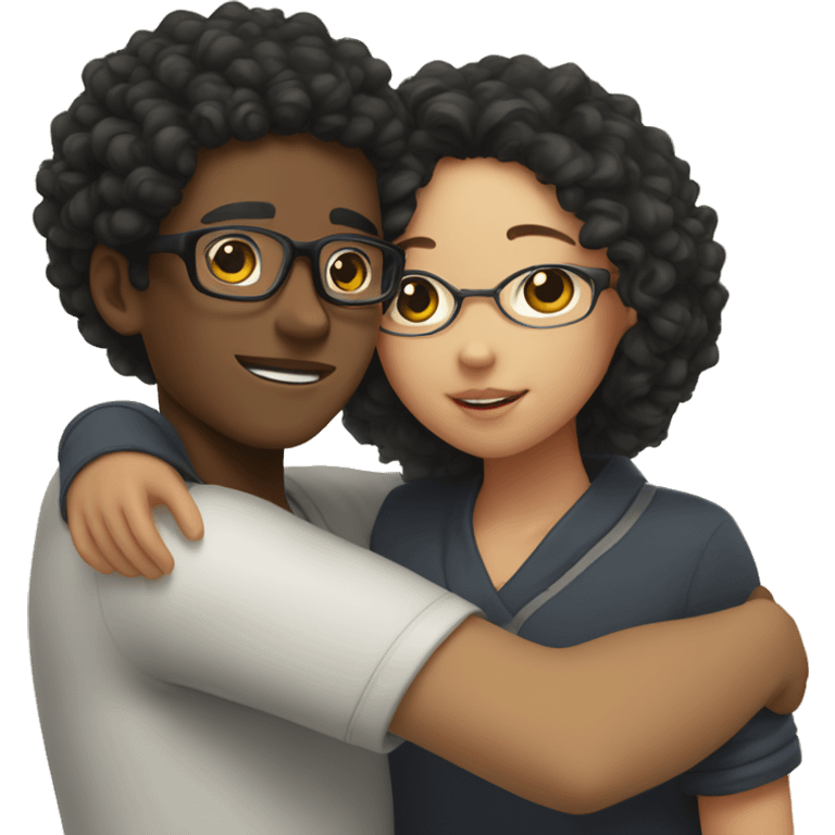 black boy with curly hair and glasses hugging an Asian girl emoji