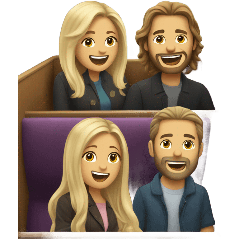 A woman with long dark hair, a womanwith long blond hair, a bearded man with long dark hair and a man with short blond hair and sunglasses sitting in a booth on a train laughing  emoji