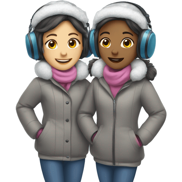 two girls in earmuffs and puffy coats going ice skating emoji