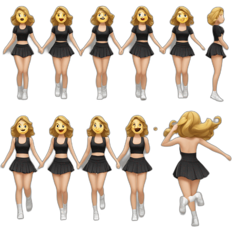 full-body-caucasian-curvy-beauty-jumping-short-black-skirt-back-and-front-views-strong-wind-knickers-long-white-socks emoji