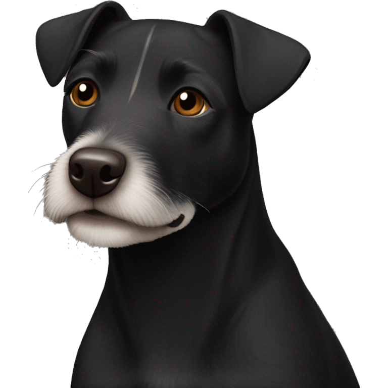 A black Patterdale Terrier dog with a white patch on its chest and brown eyes. emoji