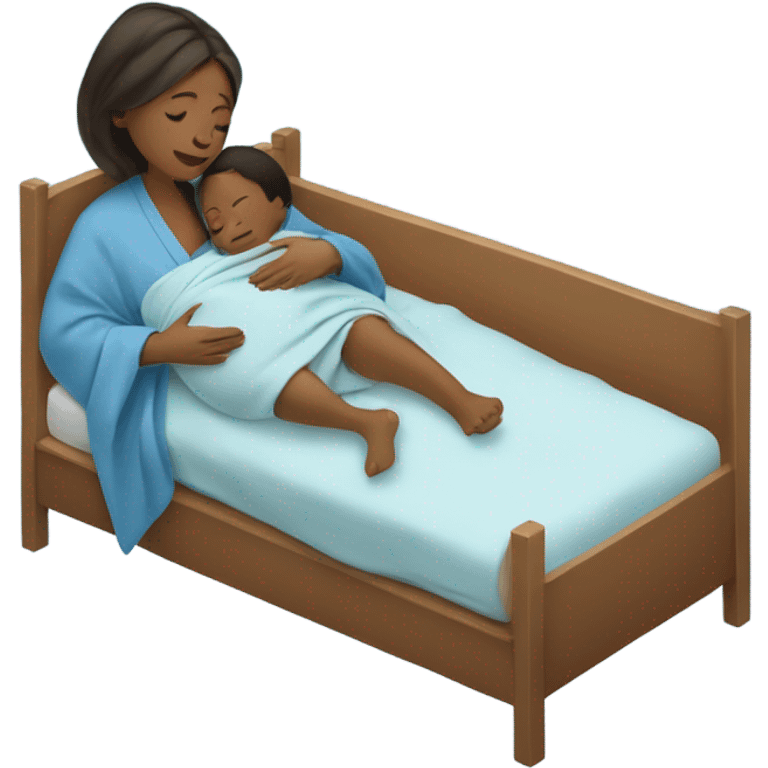 A pregnant woman resting on a hospital bed, holding her newborn baby wrapped snugly in a blue swaddle blanket.






 emoji