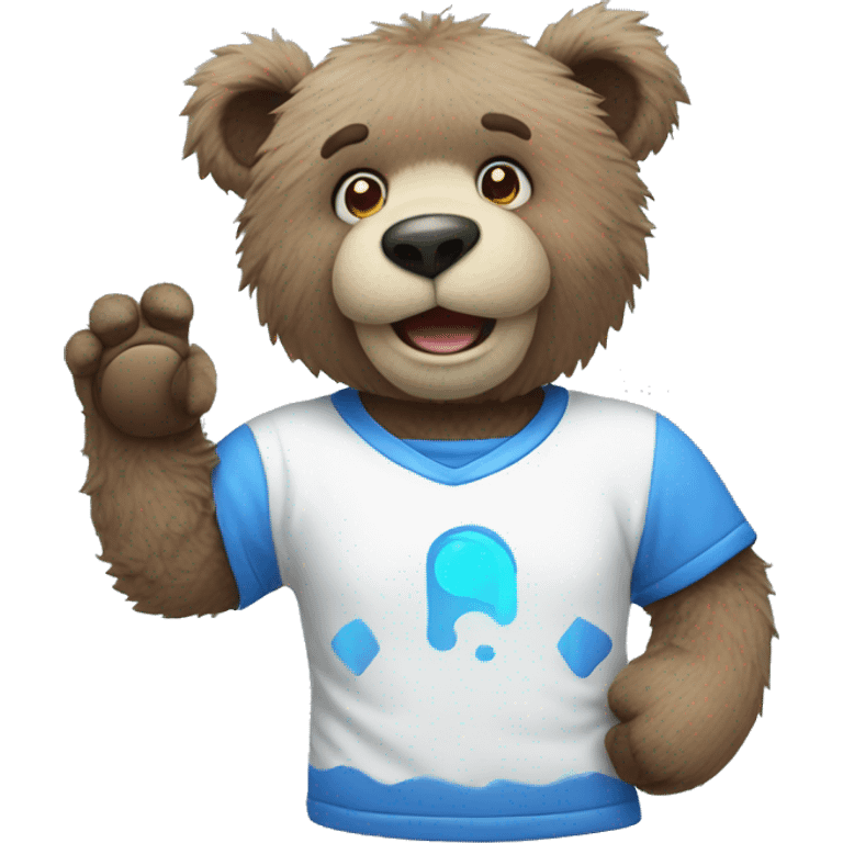 Blue fuzzy bear wearing a gaming shirt waving  emoji