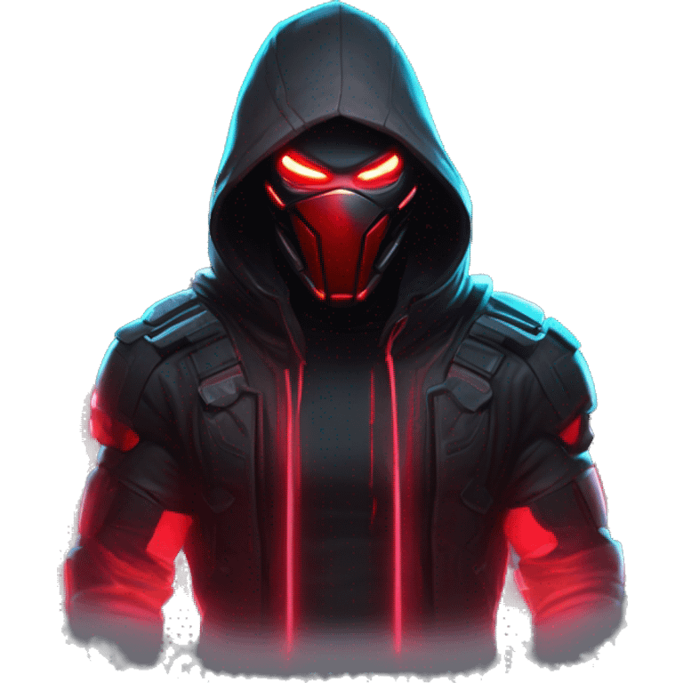 developer behind his laptop with this style : crysis Cyberpunk Riot Games Valorant neon glowing bright red character red dark black hooded assassin themed character emoji