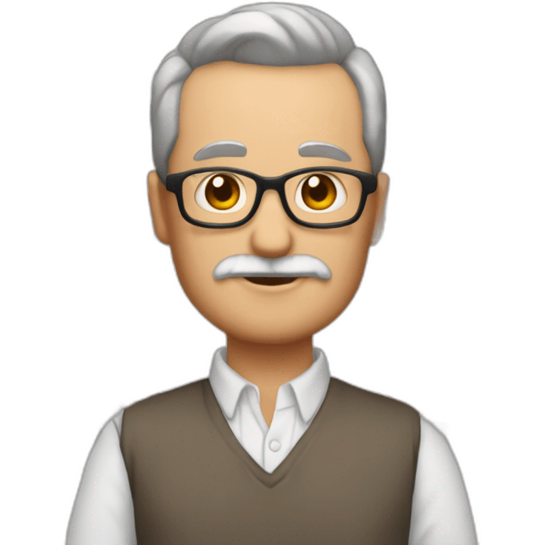 Profesor bondadoso, sin gafas, con bata blanca, de 60 años, de barba corta y blanca y pelo blanco emoji