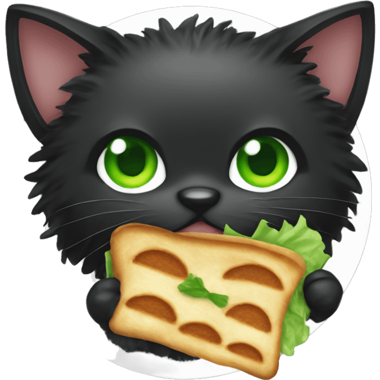 black super hairy cat with green eyes eating a panini emoji