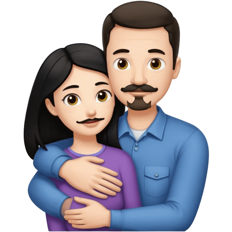 Tall white man with thin dark brown hair mustache and goatee, hugging a short pale woman with long black hair emoji