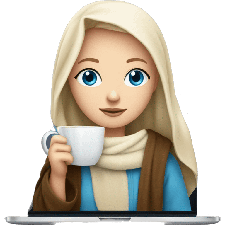 White Girl with blue eyes drinking tea with blanket on a macbook emoji