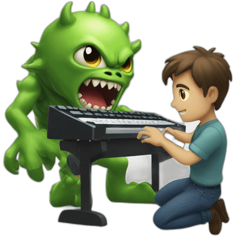 developper using a keyboard to fight a monster emoji