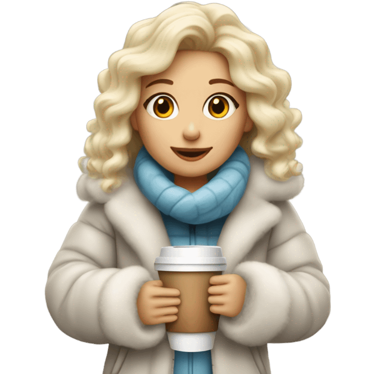 blondegirl wearing fluffy jacket and a coffee to go in hand emoji