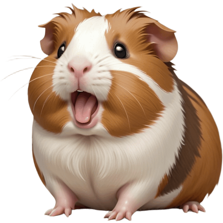 Cinematic Cute Yawning Brown and White Banded Guinea Pig Portrait Emoji, Head tilted slightly with a dramatic, wide-open yawn, revealing a soft, banded fur of brown and white with tiny, droopy ears, round dark eyes barely open in drowsy contentment, Simplified yet irresistibly adorable features, highly detailed, glowing with a soft, cozy glow, high shine, relaxed yet expressive, stylized with a touch of whimsy, bright and endearing, soft glowing outline, capturing the essence of a sleepy yet affectionate guinea pig, so drowsy it feels like it could stretch out of the screen and curl up for a nap! emoji