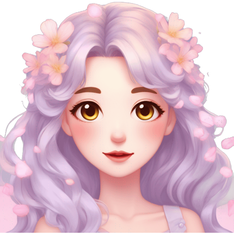 Gorgeous pastel anime style lady with blushing face with flower petals around  cottagecore fairycore pastelcore shiny colorful pearly petite simplistic aesthetic trending style emoji