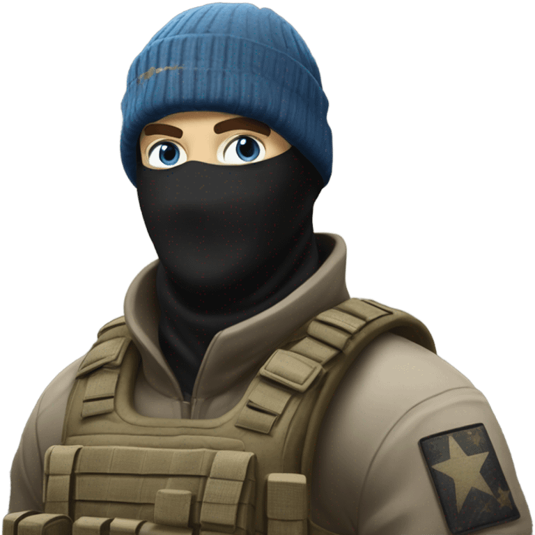 White male, call of duty black mask, camo tactical gear, tan combat boots, black beanie, blue eyes emoji