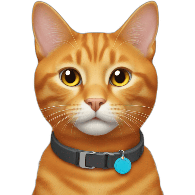 ginger cat with a orange colored neck collar with an airtag emoji