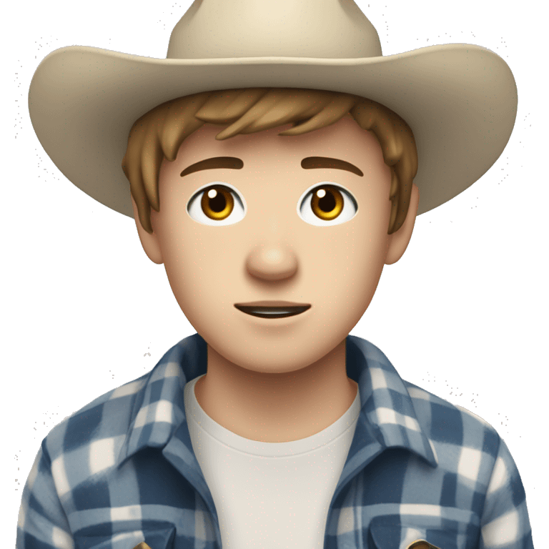 Teenager boy with freckles, white skin, blue and white flannel, hair to his shoulders and a sided fringe, white eye bandage and sheriff hat emoji