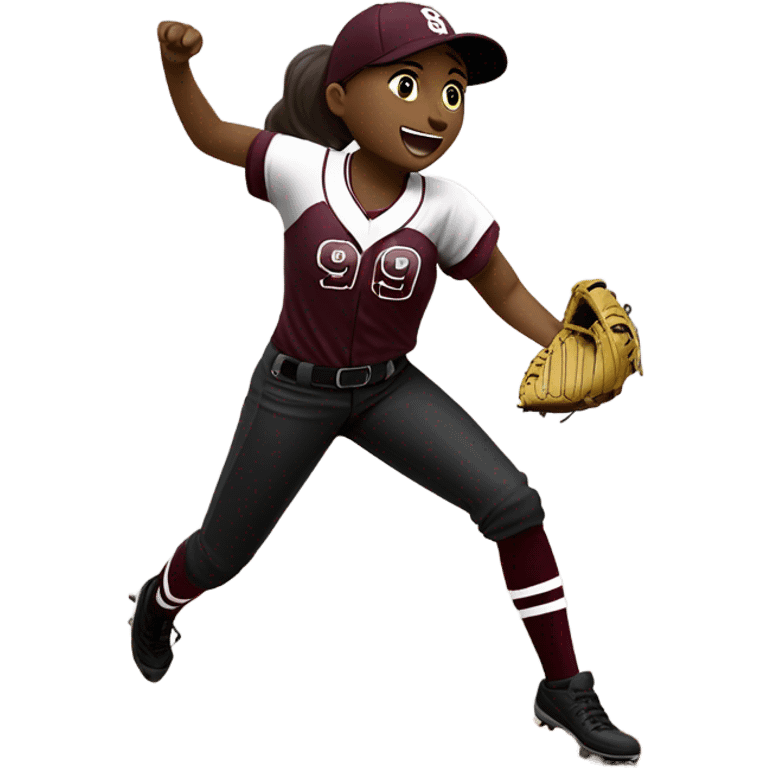 girl playing softball pitching with a maroon shirt on that says wolfpack has black pants on white cleats and maroon socks, her number is 99 emoji