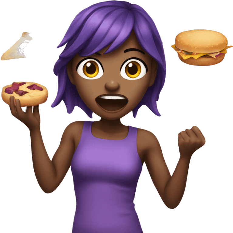 Girl with purple skin shouting at food emoji