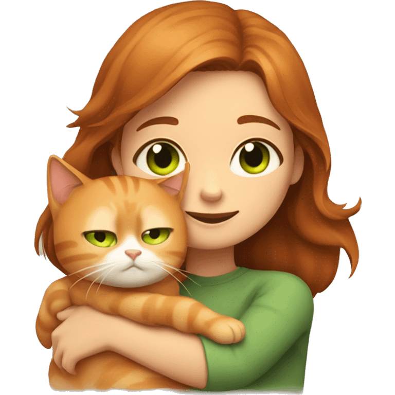 brown-haired girl with green eyes hugs a ginger cat emoji