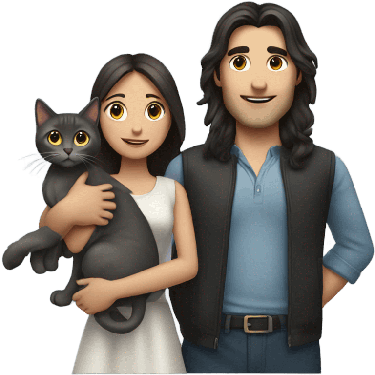 man with very long dark hair and brunette girl with grey cat in her arms emoji